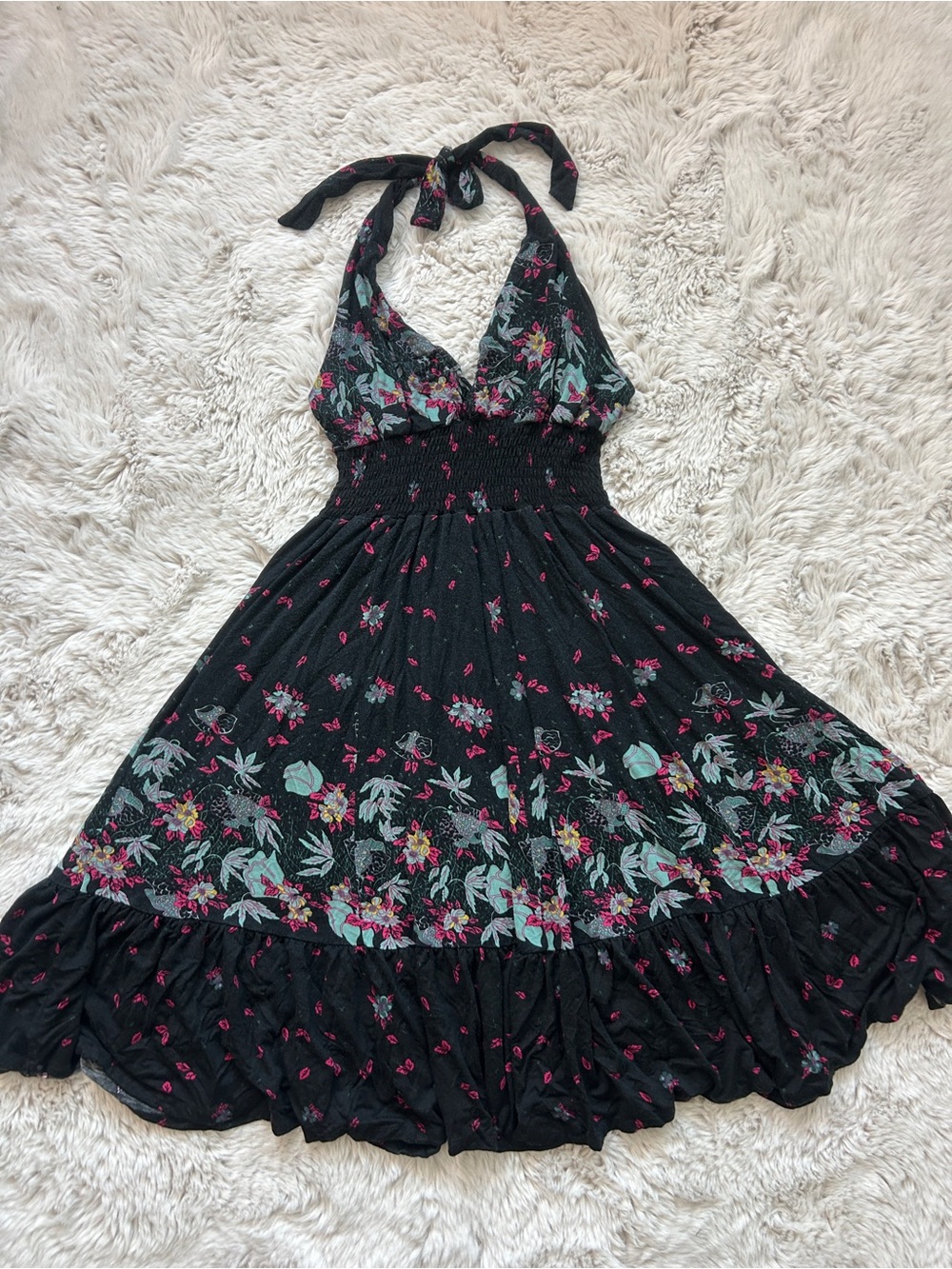 American Rag Cie Y2K Black Floral Smocked Tiered Halter Sundress | Size S